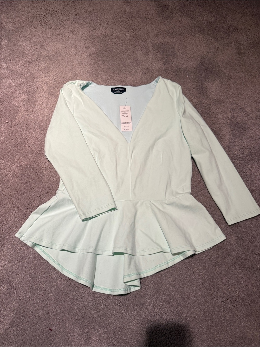 bebe Mint Green Peplum V-Neck Long Sleeve Top